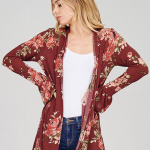 Floral Burgundy Ruffle Sleeve Duster Cardigan USA